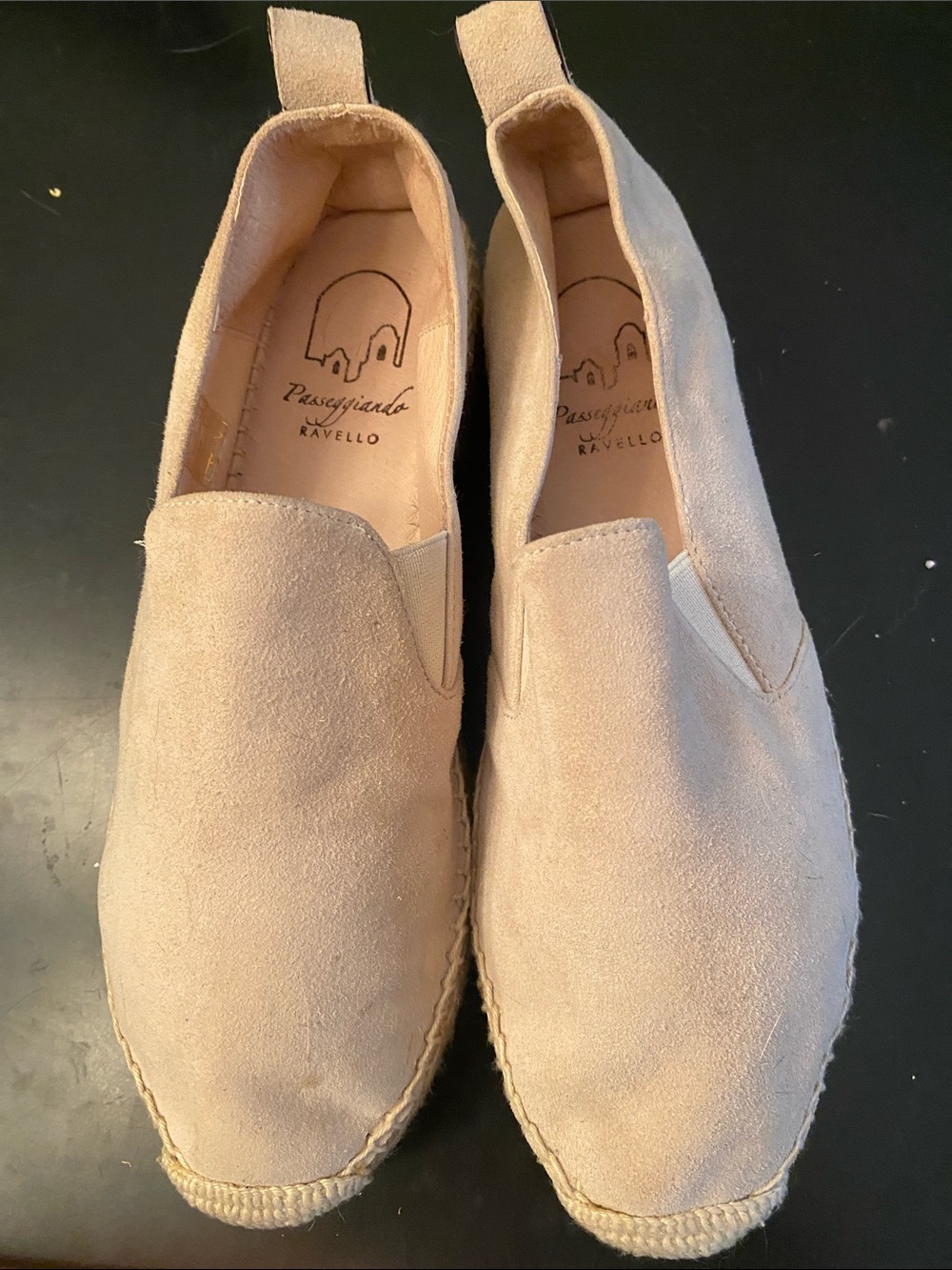 Passiggiando Ravello Blush Suede Espadrille Slip-Ons. Made in Spain. Size 39